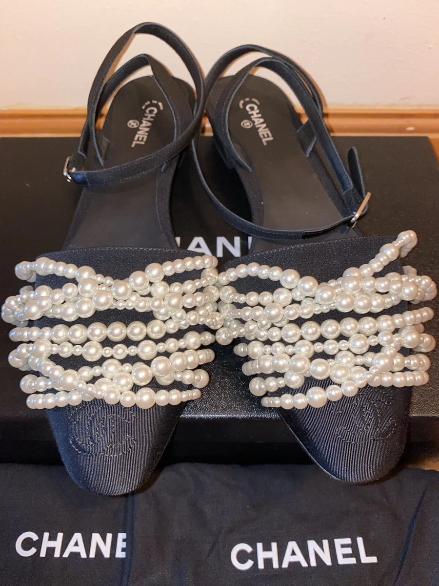 NIB Chanel 40 Pearl Flats Satin/leather Dressy Flat Shoes w/Pearls And  Buckle