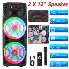12'' Dual Portable Bluetooth Speaker Subwoofer FM Heavy Bass Sound Karaoke W/Mic