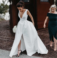 Satin A-Line Wedding Dress with Deep V Neck and High Split with Pockets Bridal