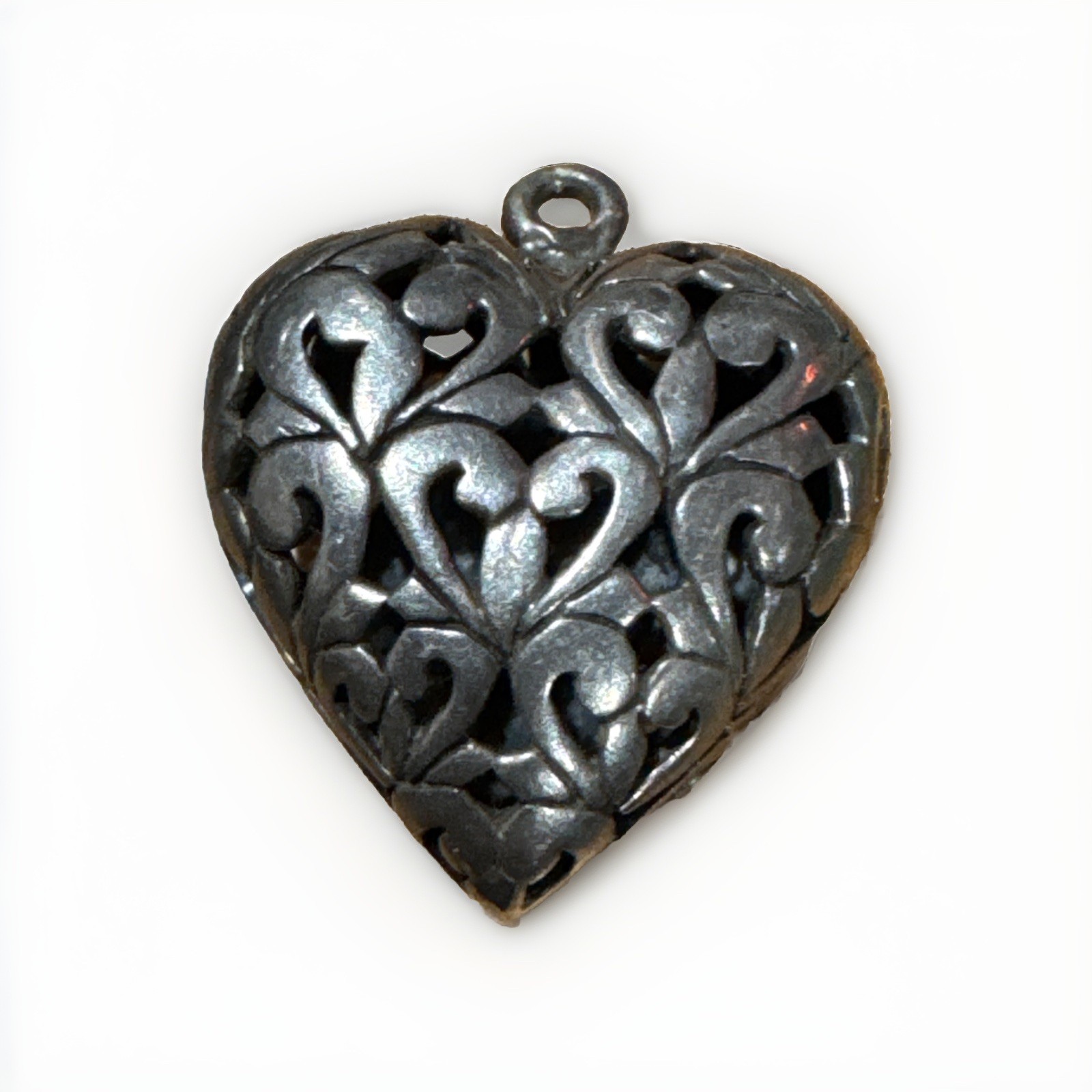 Vintage 925 Sterling Silver Filigree Scrolls Puffy Heart Pendant Bracelet Charm