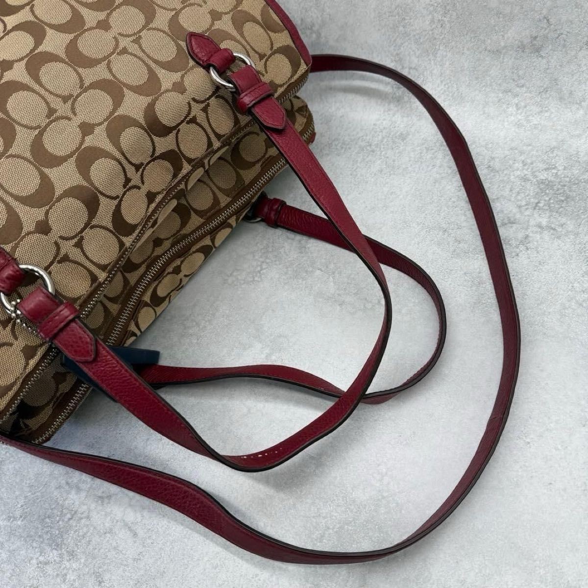 COACH Signature 2Way Tote Shoulder Bag Burgundy Canvas Leather thumbnail 8