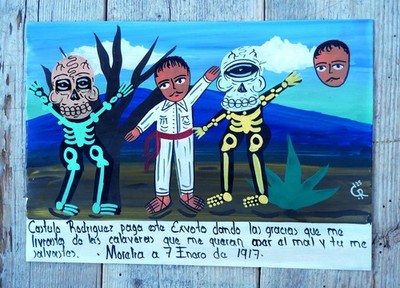 Tin Painting Ex-Voto Saved from Skeletons who tried to make Me Evil Mexican Folk