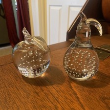 Glass Art Paperweights Clear With Controlled Bubbles Vintage Pear & Apple