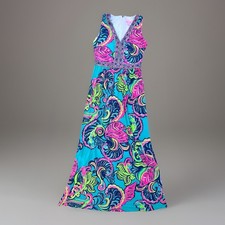 Lilly Pulitzer Addison Maxi Dress Vibrant Print Tropical V Neck Waist Size S
