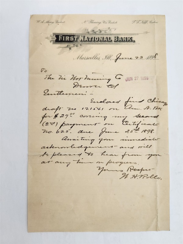 1898 antique FIRST NATIONAL BANK marseilles il LETTER NI WOT MINING CO denver co
