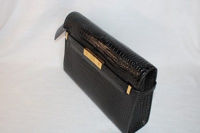 Saint Laurent Black Croc Embossed Shoulder Bag Gold Hardware Clasp + Card