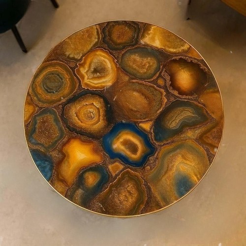 24" Golden Brown Agate Round Side Table Handmade Natural Agate Luxury Accent Dec