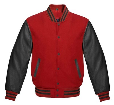 Letterman Varsity  Women Red wool Black Real Leather Sleeves Bomber Jacket