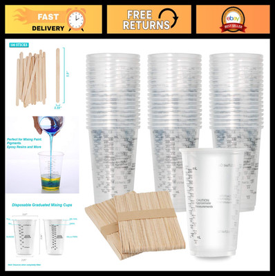 100pcs 8oz Clear Plastic Measuring Cups & Wooden Stirring Sticks for Mixing Pain