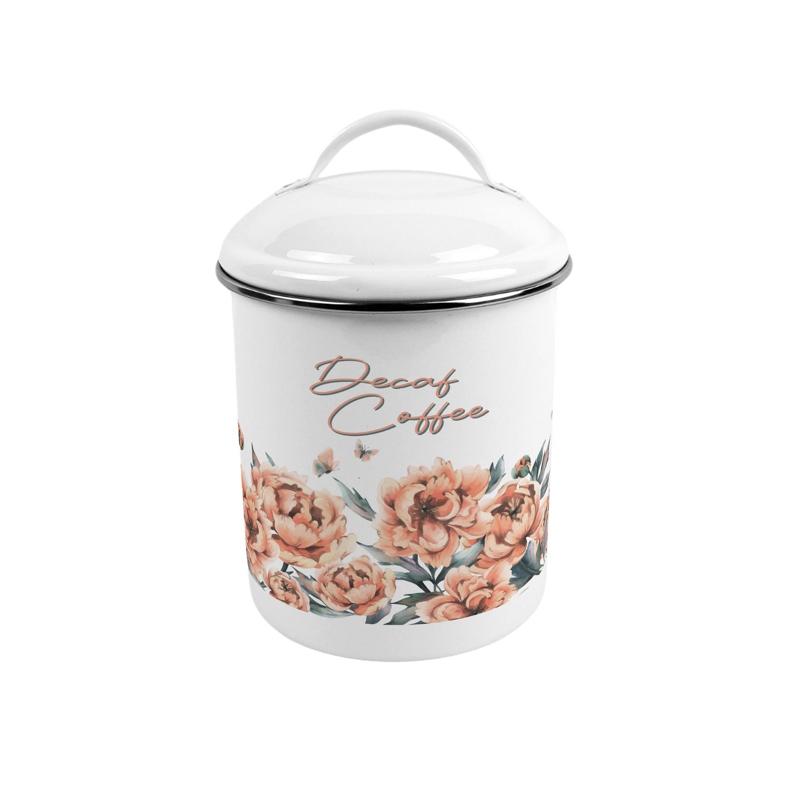 Peach Peonies Metal Decaf Coffee Canister - Stylish Kitchen Storage Caddy Gift