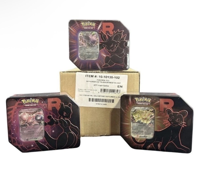 Pokemon TCG Team Rocket Tin Assortment 6 Factory Tin Sealed Case Destined Rivals