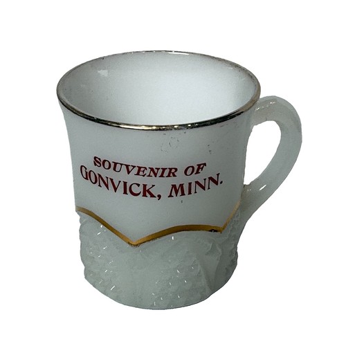 GONVICK MINNESOTA MN Antique DEPRESSION WHITE MILK Glass Souvenir Cup Mug