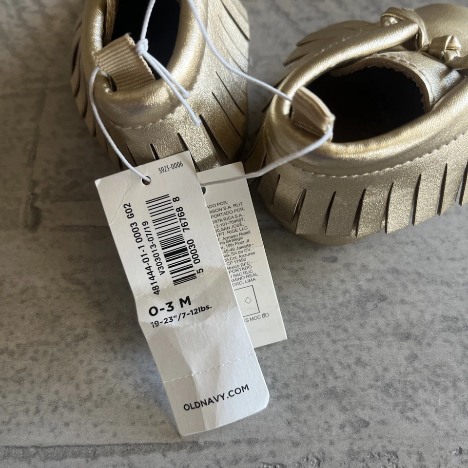 Zapatos mocasines antiguos dorados azul marino para bebé niña talla 0-3mos/flecos y lazo Foto 4 de 4