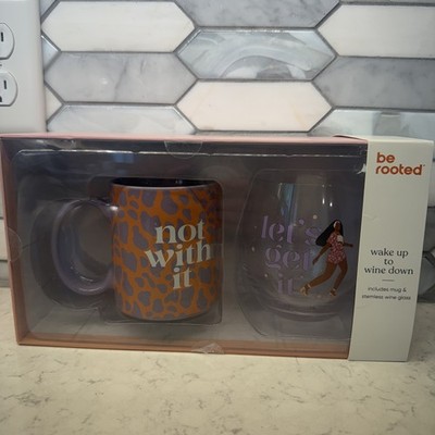 Be Rooted Wake Up to Wine Down Mug & Stemless Wine Glass Set NEW
