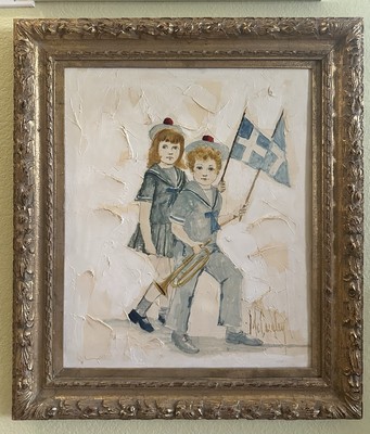 Little Boy and Girl with Flags Vintage Oil Painting by William  Bill  McCauley