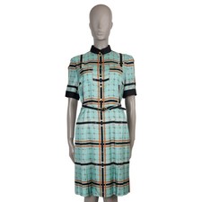 73744 auth GUCCI turquoise silk 2023 CHAIN PRINT  BELTED TWILL Shirt Dress 44 L