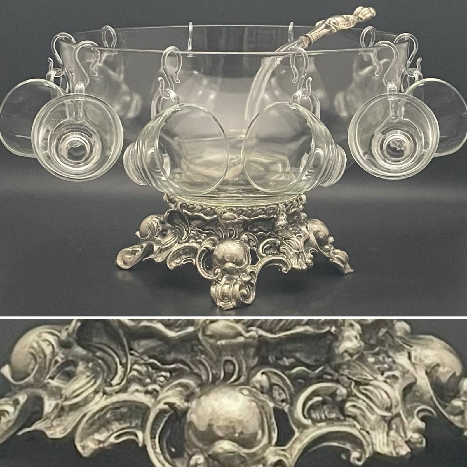Vintage silver-plated punch bowl set with ladle and multiple cups, full 23-piece service.