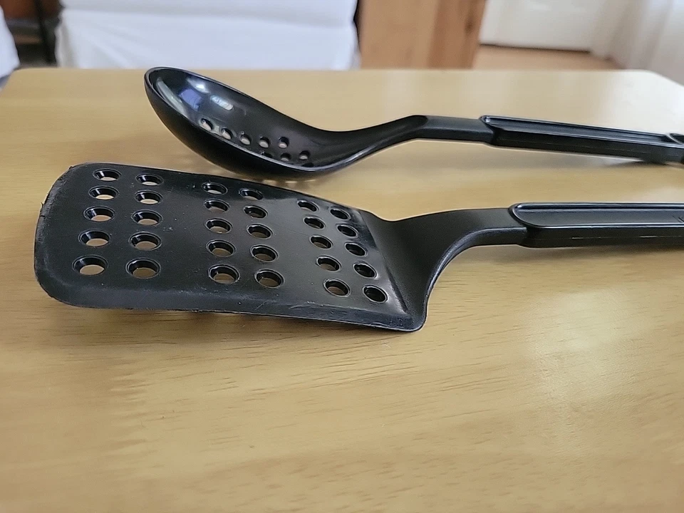 "Espátula giratoria de nailon negra vintage Farberware y cuchara ranurada 12""" Foto 2 de 4