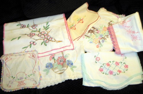 Vintage Lot of 7 Embroidery Crochet Doilies Table Runners Cloths Flowers Baskets