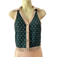 SHEIN Green Retro Print Knit Vest Crop Top Collar Woman Size XS 