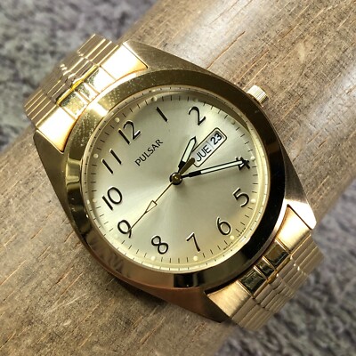 Pulsar Men V733-X072 Dress Gold Expansion Band Quartz 36mm Watch 7 1/4'' With Box