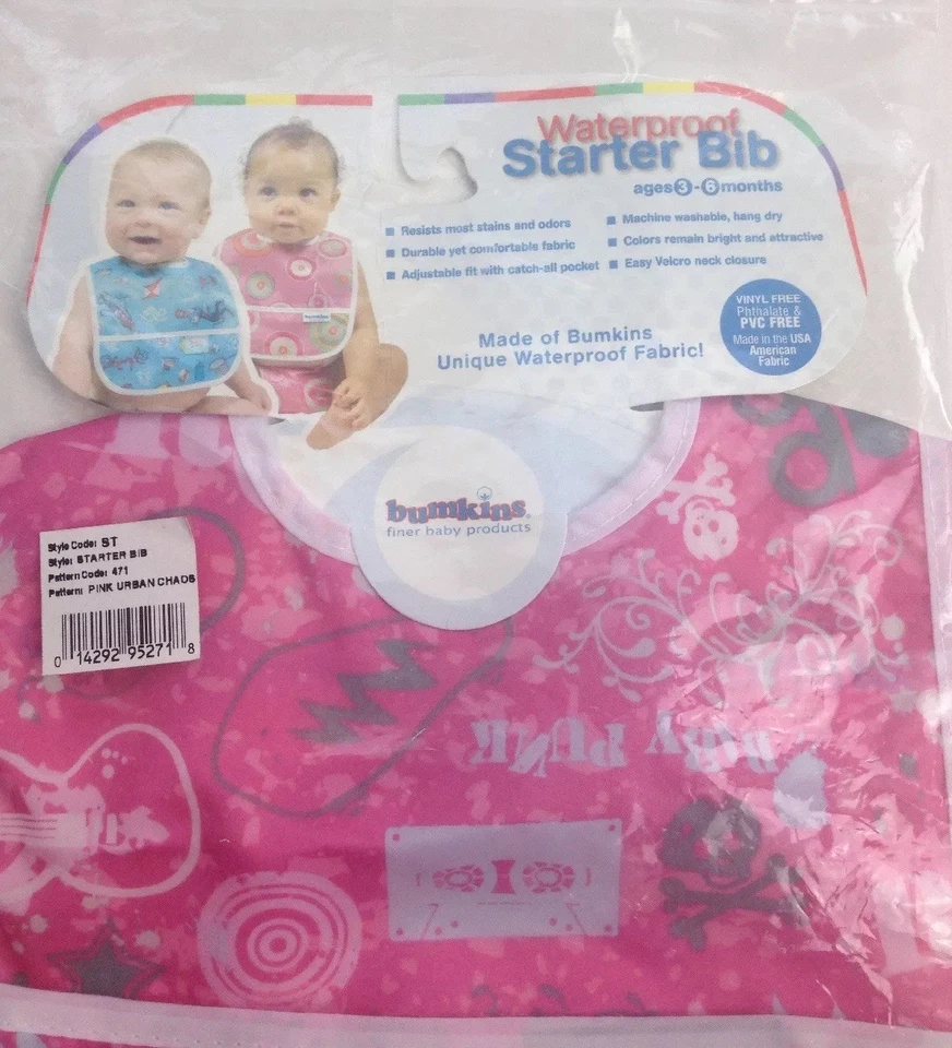 Babero de iniciación impermeable Bumkins rosa diseño caos urbano cierre a presión y palo Foto 3 de 4