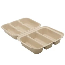 3-Compartment Taco, Hot Dog Container Compostable Clamshell 150pcs