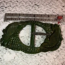 Vintage Bakelite Green  carved Alligator belt buckle Tested Simichrome