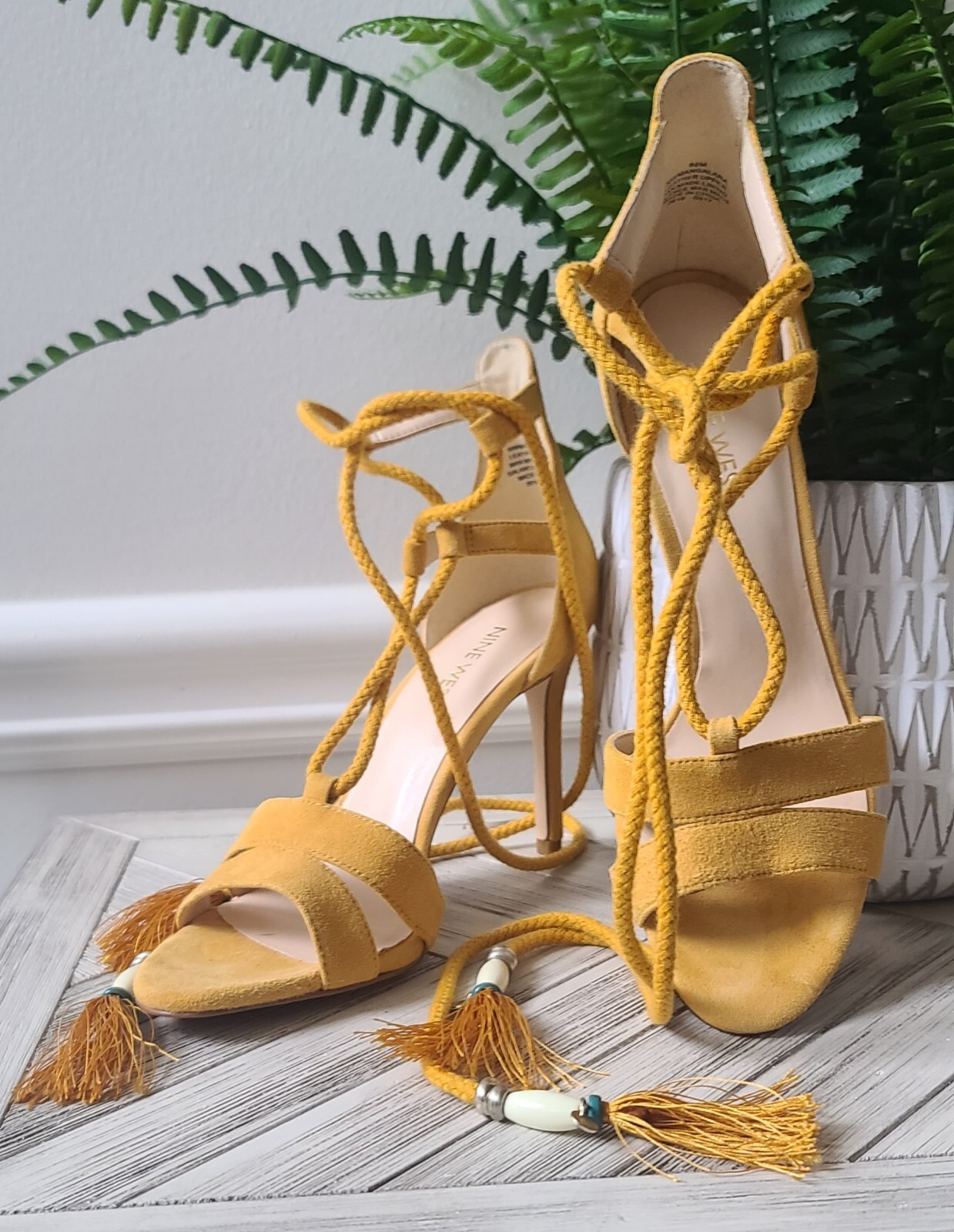 Size Nine West Yellow Suede Sandals Heels w/Tassel Accents