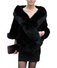 Best Rex Rabbit Fur Cape Coat True Fox Fur Trim Shawl Wraps Wedding Party Black