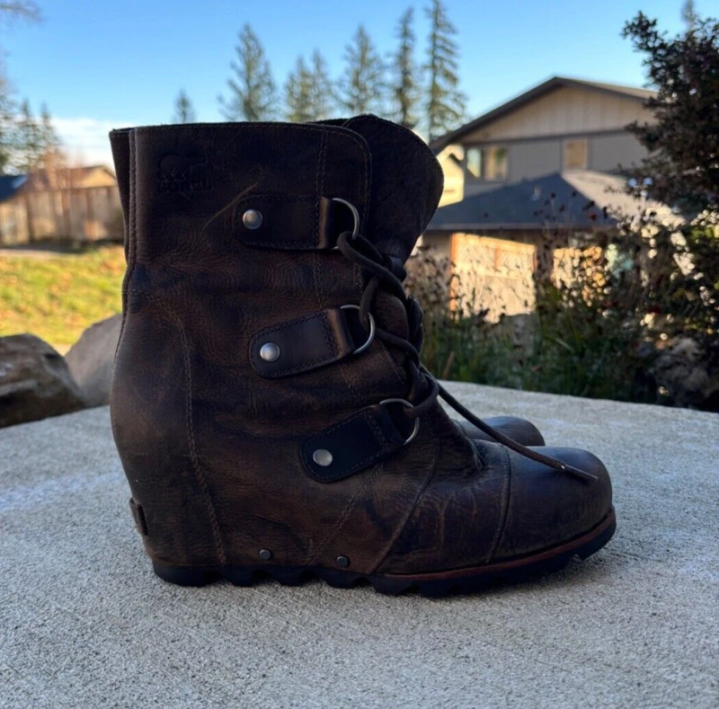 sorel joan of arctic leather wedge lace up booties boots