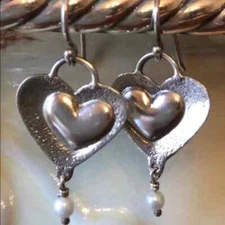 SILPADA 925 Sterling Silver Textured Heart Pearl Dangle Earrings W2049 HTF 