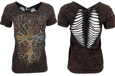 Affliction Women's T-Shirt Sanctuary Rust Scoop Biker Tattoo