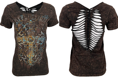 Affliction Women's T-Shirt Sanctuary Rust Scoop Biker Tattoo