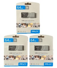 Lot of 3 PNY 64GB USB 3.0 Turbo Attaché 3 Flash Drive 4K Ultra HD - BRAND NEW