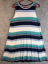 Loft Outlet Striped A Line Dress Sz M White Blue Rayon Stretch Sleeveless Casual