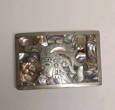 Vintage Mexico Silver/Abalone Buckle With Aztec Or Other Ancient Human Figure.