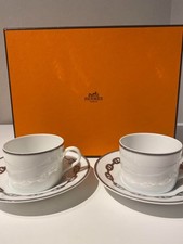 HERMES Chaine d'Ancre Platinum Tea Cup  Saucer Set of 2 Pottery Unused With Box
