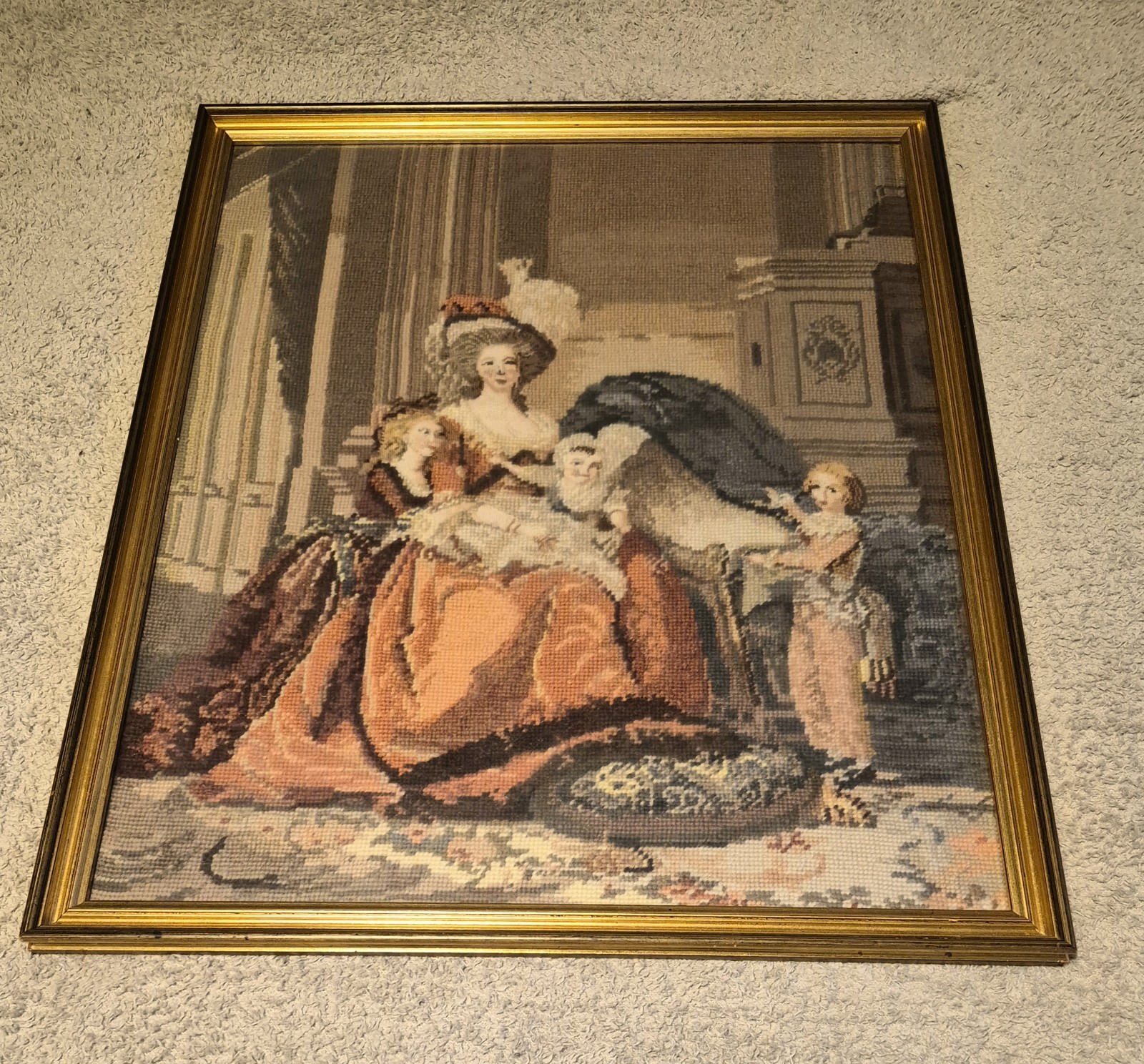 Vintage Framed Needlepoint Tapestry Aristocratic Family Rococo Wall Art