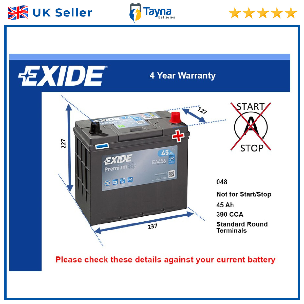 Battery fits HYUNDAI S COUPE LANTRA ACCENT STELLAR PONY 83 to 00 Exide 048 390A