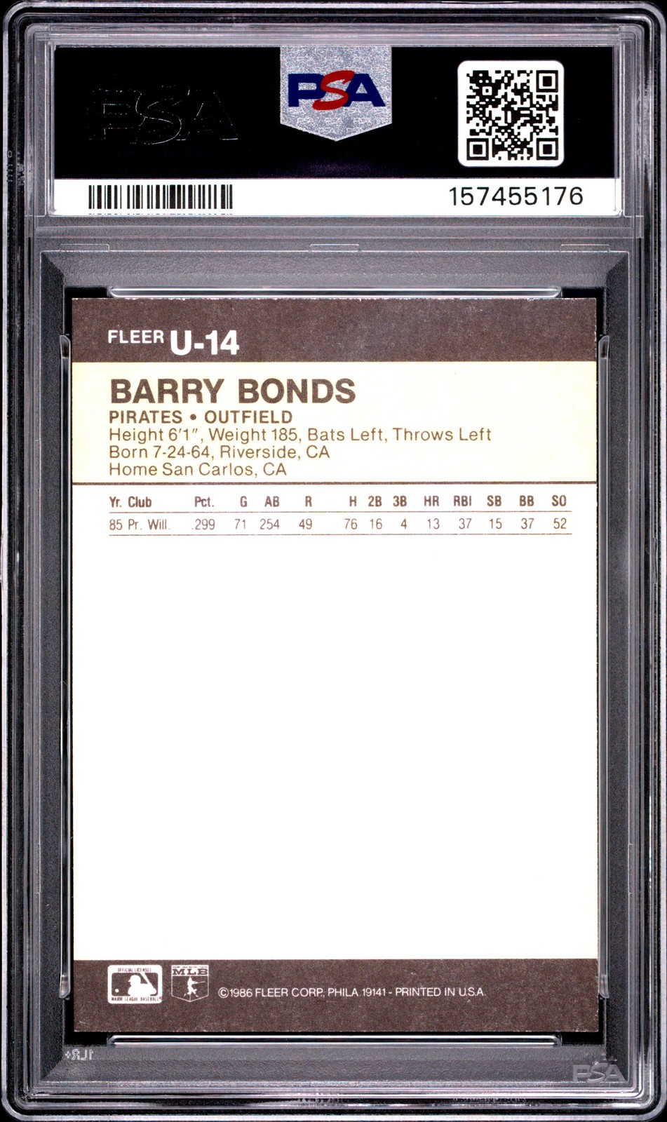 1986 FLEER UPDATE #U-14 BARRY BONDS ROOKIE RC PSA 8 view 2
