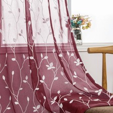 2 Panels Embroidered Leaf Pattern Semi Sheer Curtains Foliage Floral Voile Wi...