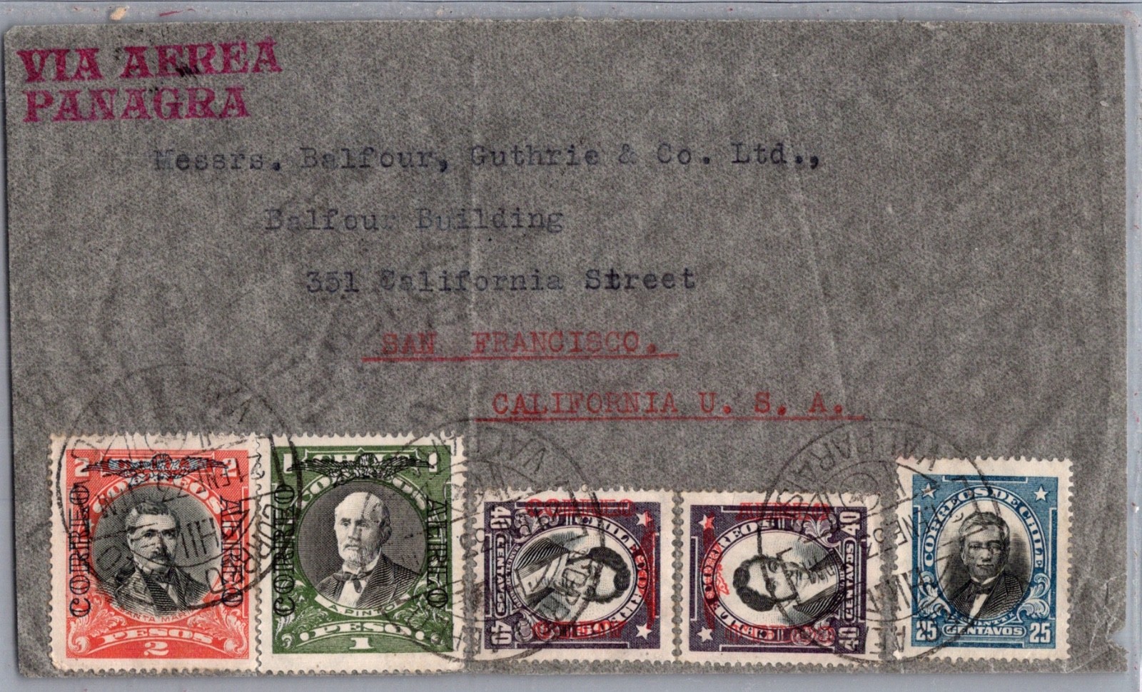 CHILE 1933 VIA PANAGRA AIRMAIL COVER MULT FRANK ADDR USA POSTMARK VALPARAISO