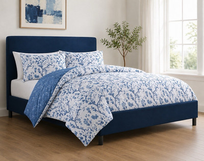 Laura Ashley King Duvet Cover Set Blue Floral Cotton 3 Pc Bedding Shams New