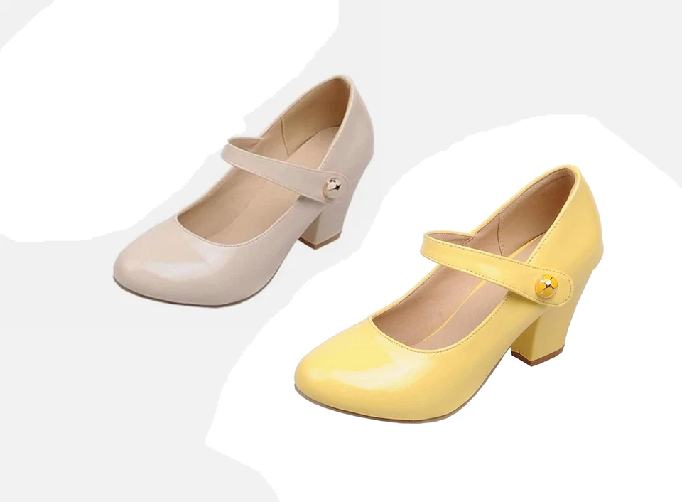 MISSUIT Mary Jane High Heels Pumps Blockabsatz Klettverschluss Rockabilly Lack Schuhe