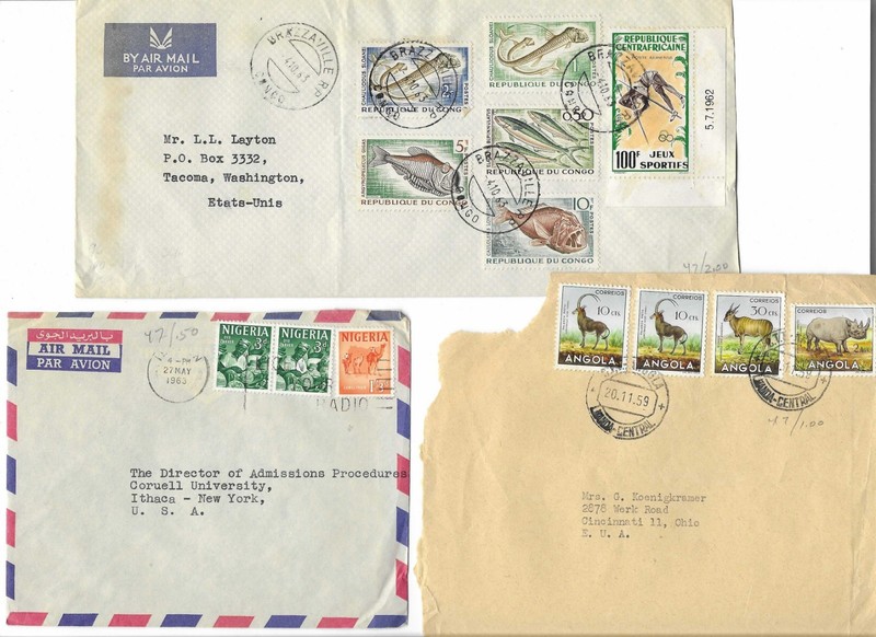 3 covers w/ stamps from Africa - Congo - Nigeria - Angola to USA - 1959 - 1963