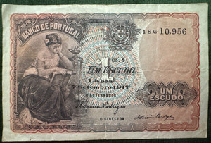 1917 Portugal 1 Escudo Very Fine Details Pinholes P-113.a | Free Shipping