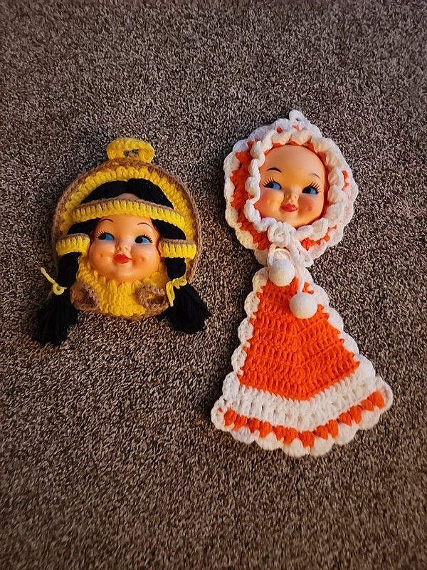 Two Vintage Doll Face Crocheted Handmade Hangings Kitchen Kitsch Yellow Orange
