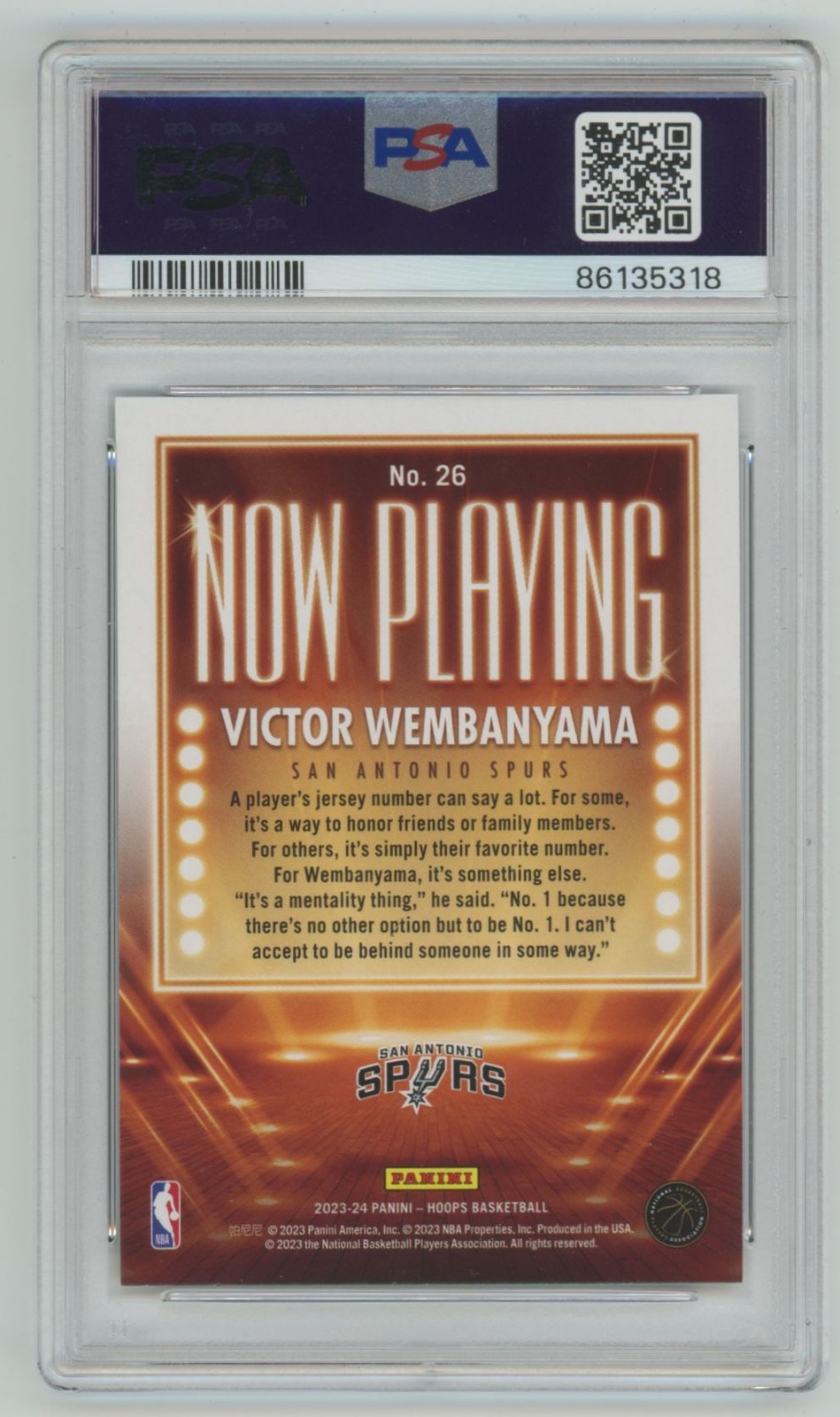 2023-24 NBA Hoops Now Playing Victor Wembanyama RC PSA 9 San Antonio Spurs #26 view 2