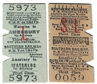 Railway Tickets 2 No. S R AMESBURY to DUBLIN & WATERLOO 3rd Cl. Forces Leave